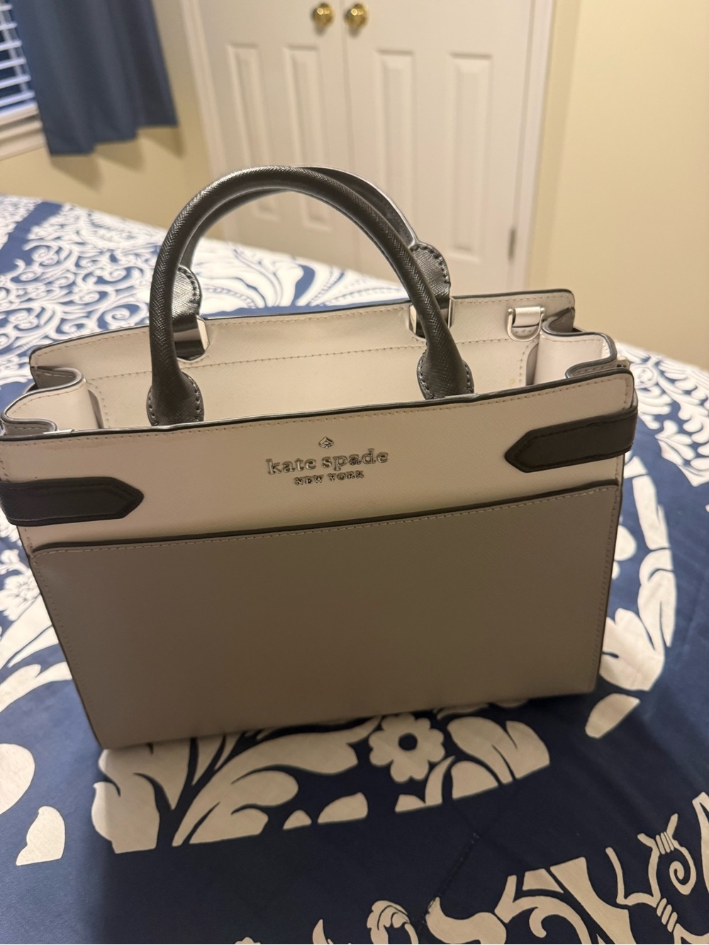 kate spade Two-Tone Gray and White Structured Satchel with Dark Gray Handles